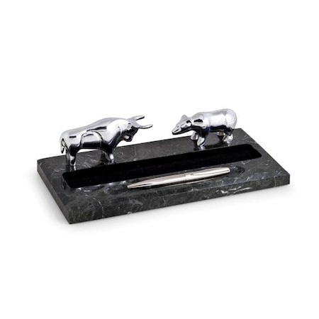 Bey Berk International Bey-Berk International R22X Zebra Marble Desk Top Pen Holder with Silver Plated Bull & Bear; Black R22X